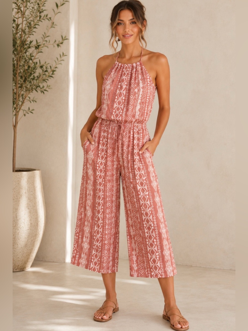 Lulu's Rose Pink Halter-Neck Wide-Leg Jumpsuit size M